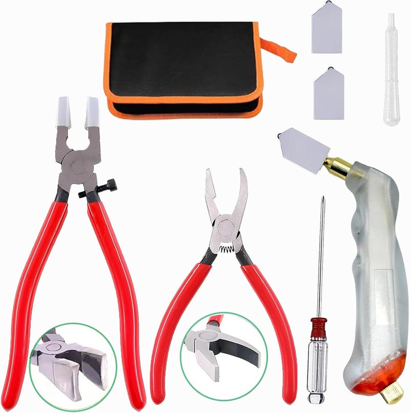 PUWANY Glass Cutting Tool Kit,Glass Cutters Tools Set with Oil Feed Glass Cutter Glass Running Pliers Breaker Pliers, Glass Cutting for Stained Glass Mosaic Tiles Mirrors,Zipper Package - Image 1